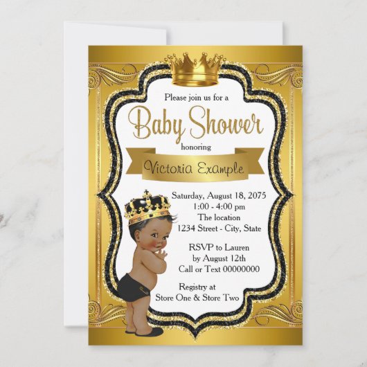 Black and Gold African American Prince Baby Dusche Einladung (Vorderseite)