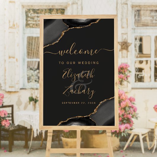 Black and Gold Agate Corners 24x36 Wedding Willkom Poster