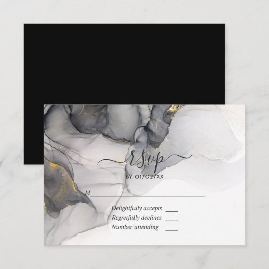 Black and Gold Alcohol Ink Wedding RSVP Card Karte (Vorne/Hinten)
