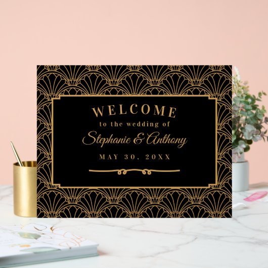 Black and Gold Art Deco Fan Blume Hochzeit Acrylschild (Hochzeit)