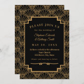Black and Gold Art Deco Fan Blume Hochzeit Einladung (Vorne/Hinten)