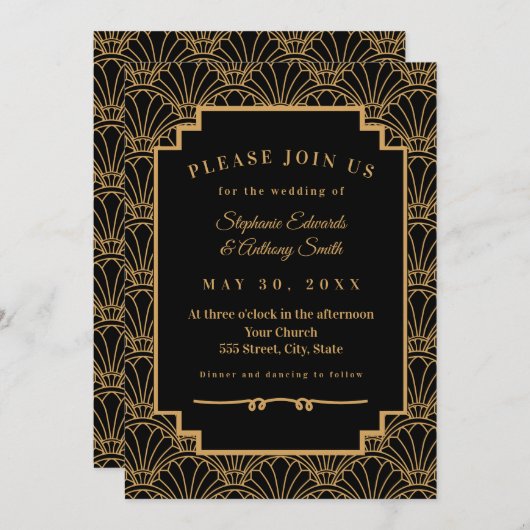 Black and Gold Art Deco Fan Blume Hochzeit Einladung (Vorne/Hinten)