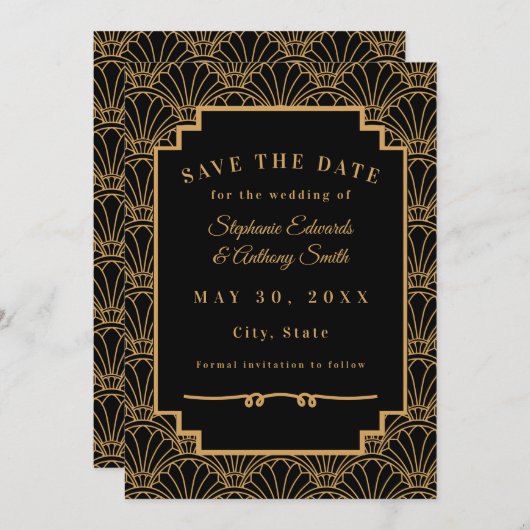 Black and Gold Art Deco Fan Blume Hochzeit Save The Date (Vorne/Hinten)