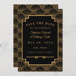 Black and Gold Art Deco Fan Blume Hochzeit Save The Date