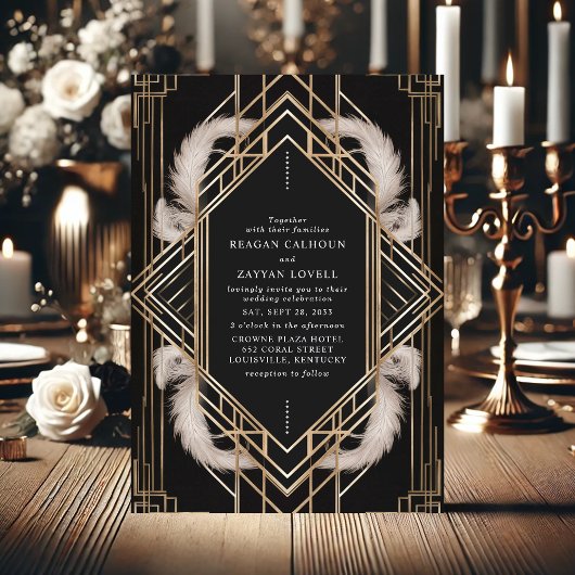 Black and Gold Art Deco Feather Wedding Einladung