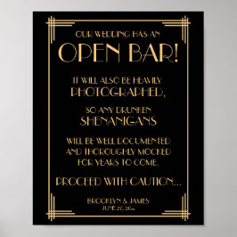 Black and Gold Art Deco Gatsby Open Bar Sign 8x10 Poster