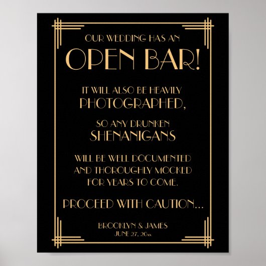 Black and Gold Art Deco Gatsby Open Bar Sign 8x10 Poster (Vorne)