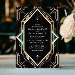 Black and Gold Art Deco Geometric Emerald Wedding Einladung