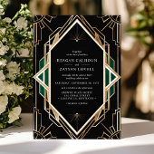 Black and Gold Art Deco Geometric Emerald Wedding Einladung