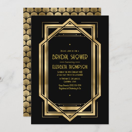Black and Gold Art Deco Gold Bridal Shower Einladung (Vorne/Hinten)