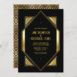 Black and Gold Art Deco Gold Wedding Photo Einladung