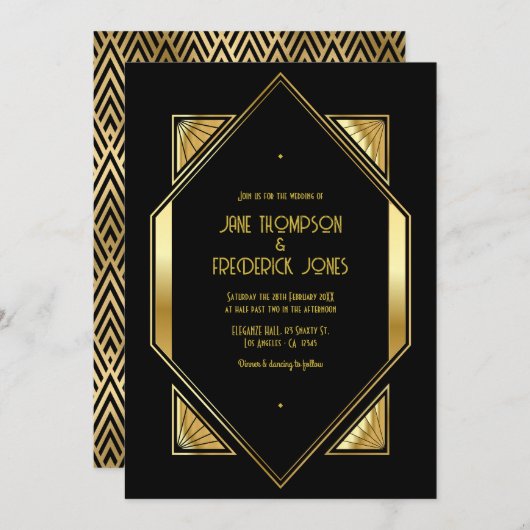 Black and Gold Art Deco Gold Wedding Photo Einladung (Vorne/Hinten)