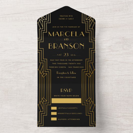 Black and Gold Art Deco Hochzeit All In One Einladung (Innen Boden)