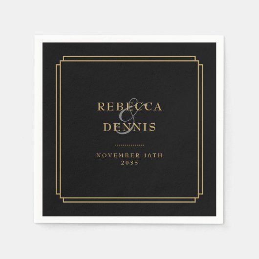Black and Gold Art Deco Hochzeit Serviette (Vorderseite)
