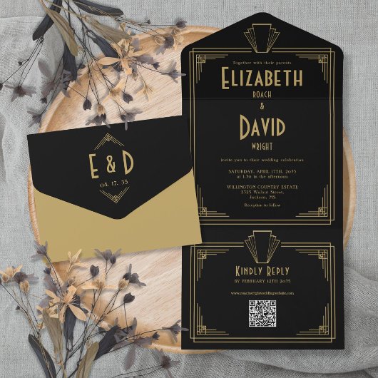 Black and Gold Art Deco Monogram QR Code Hochzeit All In One Einladung