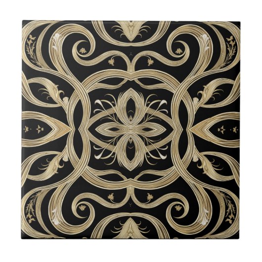 Black and Gold Art Deco Ornate Design Fliese (Vorderseite)