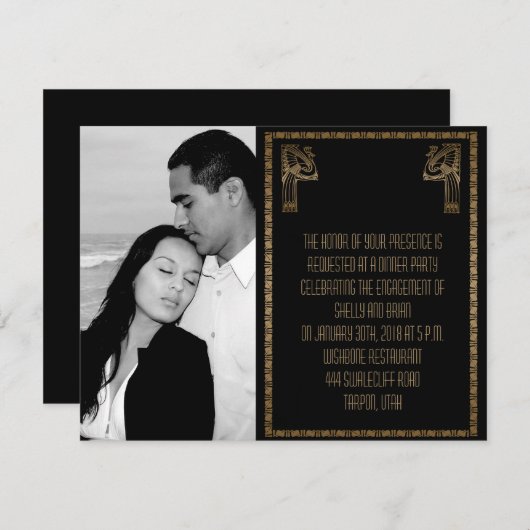 Black and Gold Art Deco Pfau Hochzeit Verlobung Einladung (Vorne/Hinten)