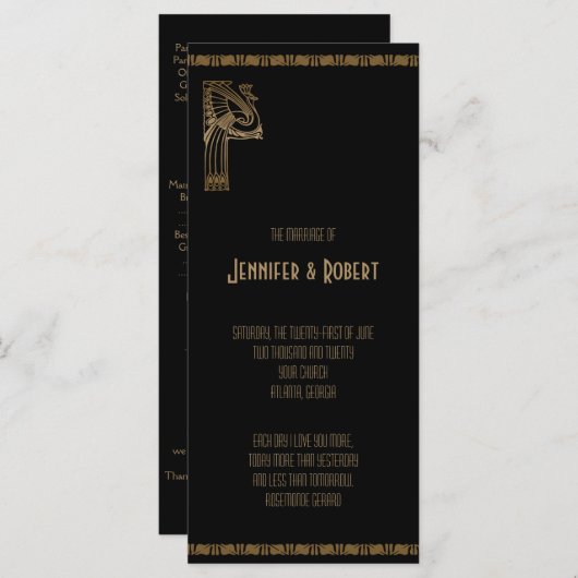 Black and Gold Art Deco Pfau Hochzeitsprogramm Programm (Vorne/Hinten)