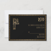Black and Gold Art Deco Pfauenkarte RSVP Karte (Vorderseite)