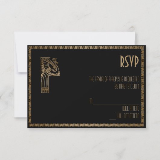 Black and Gold Art Deco Pfauenkarte RSVP Karte (Vorderseite)