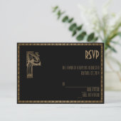 Black and Gold Art Deco Pfauenkarte RSVP Karte (Stehend Vorderseite)