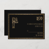 Black and Gold Art Deco Pfauenkarte RSVP Karte (Vorne/Hinten)