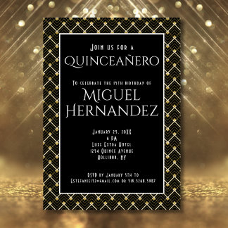 Black and Gold Art Deco Quinceñero 15. Geburtstag Einladung