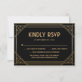 Black and Gold Art Deco Wedding Monogram RSVP Card Dankeskarte (Vorderseite)