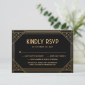 Black and Gold Art Deco Wedding Monogram RSVP Card Dankeskarte (Stehend Vorderseite)