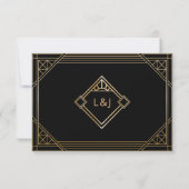 Black and Gold Art Deco Wedding Monogram RSVP Card Dankeskarte (Rückseite)
