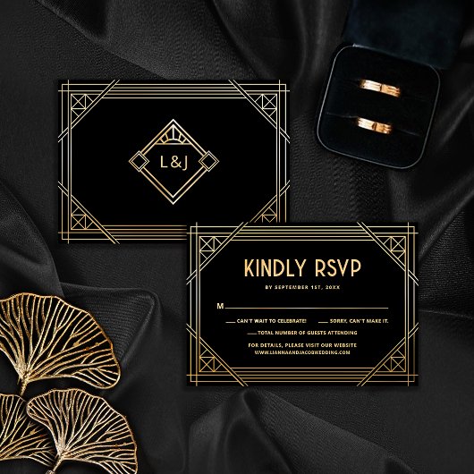 Black and Gold Art Deco Wedding Monogram RSVP Card Dankeskarte