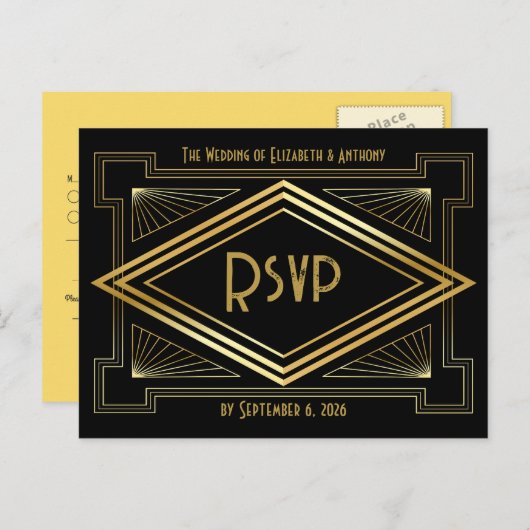 Black and Gold Art Deco Wedding RSVP QR Code Postkarte (Vorne/Hinten)