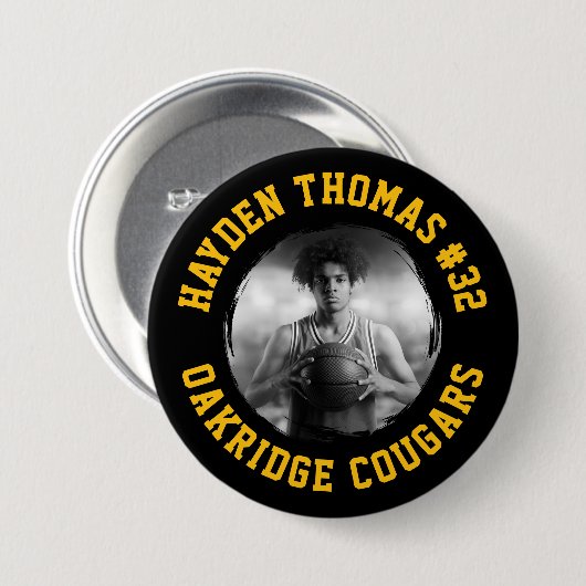 Black and Gold Athlete Name Jersey Number Foto Button (Vorne & Hinten)