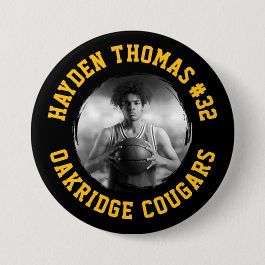Black and Gold Athlete Name Jersey Number Foto Button (Vorderseite)