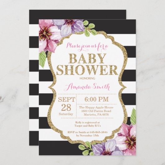 Black and Gold Baby Shower Einladung Glitzer (Vorne/Hinten)