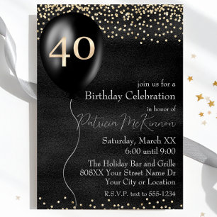Black and Gold Ballon 40. Geburtstag Einladung