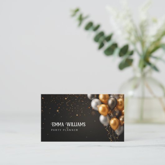 Black and Gold Ballons Party Planer Business Card Visitenkarte (Stehend Vorderseite)