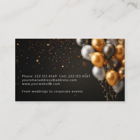 Black and Gold Ballons Party Planer Business Card Visitenkarte (Rückseite)