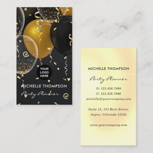 Black and Gold Balloon Party Planer Business Card Visitenkarte (Vorne/Hinten)