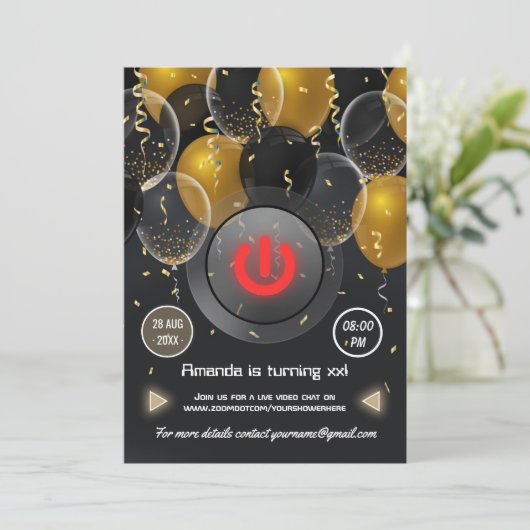 Black and Gold Balloon Virtual Birthday Party Einladung (Stehend Vorderseite)