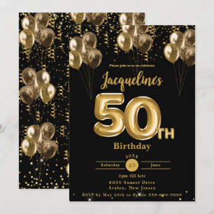 Black and Gold Balloons Confetti 50. Geburtstag Einladung