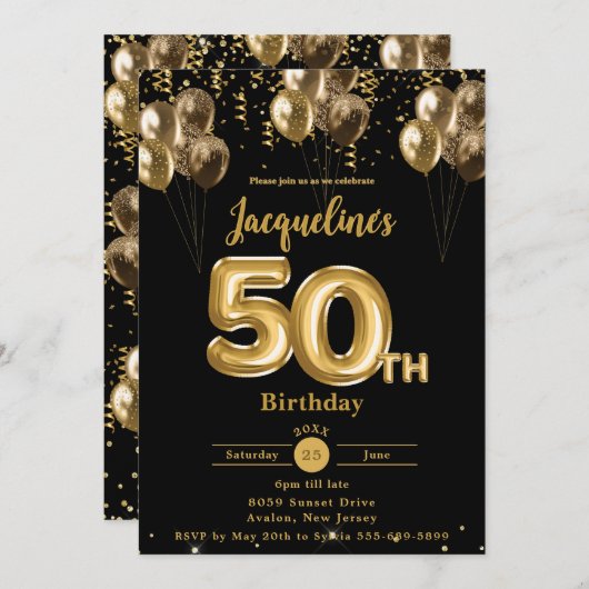 Black and Gold Balloons Confetti 50. Geburtstag Einladung (Vorne/Hinten)