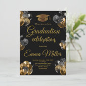 Black and Gold Balloons Graduation Party Einladung (Stehend Vorderseite)