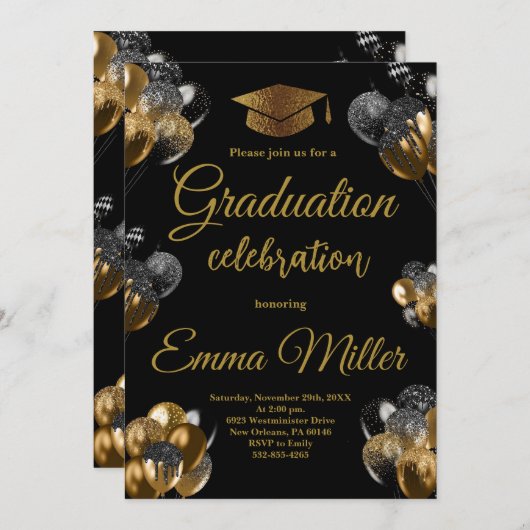 Black and Gold Balloons Graduation Party Einladung (Vorne/Hinten)