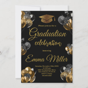 Black and Gold Balloons Graduation Party Einladung