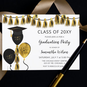 Black and Gold Balloons Graduation Party Einladung