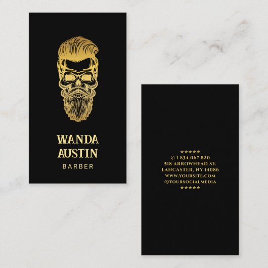 Black and Gold Barber Skull Barbershop Visitenkarte (Vorne/Hinten)