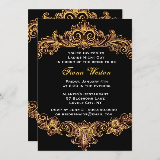 Black and Gold Barock Ladys Night Out Einladung (Vorne/Hinten)