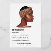 Black and Gold Black Woman Birthday Party Folieneinladung (Rückseite)