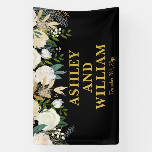 Black and Gold Boho Bohemisch Chic Greenerity Wedd Banner (Vertikal)